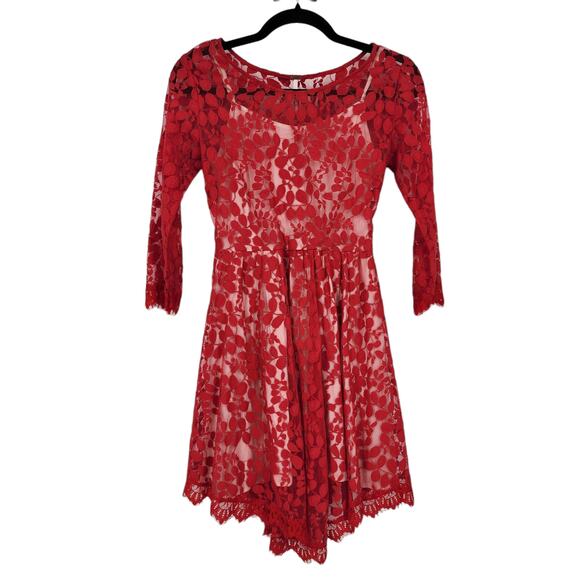 Free People Floral Lace Embroidered Scalloped Lace Dress with Slip Dress Size 6 - Picture 6 of 7